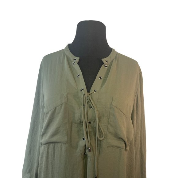 ANA A New Approach Olive Green Lace Up 3/4 Sleeve Blouse. - Picture 2 of 10